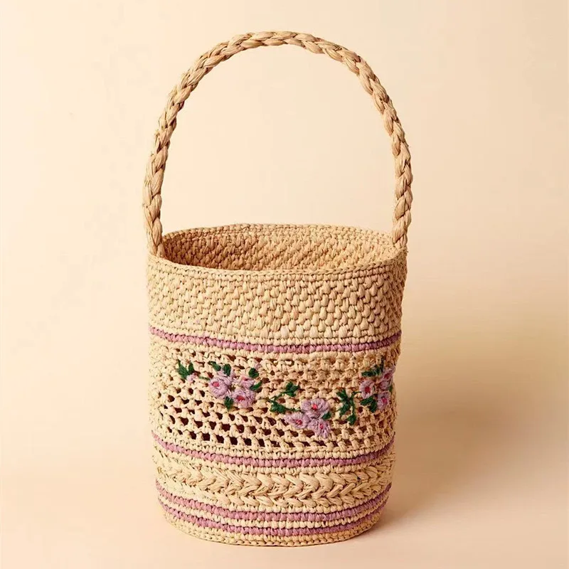 NOVLA - Floral Embroidery Raffia Hand-Woven Bucket Bag