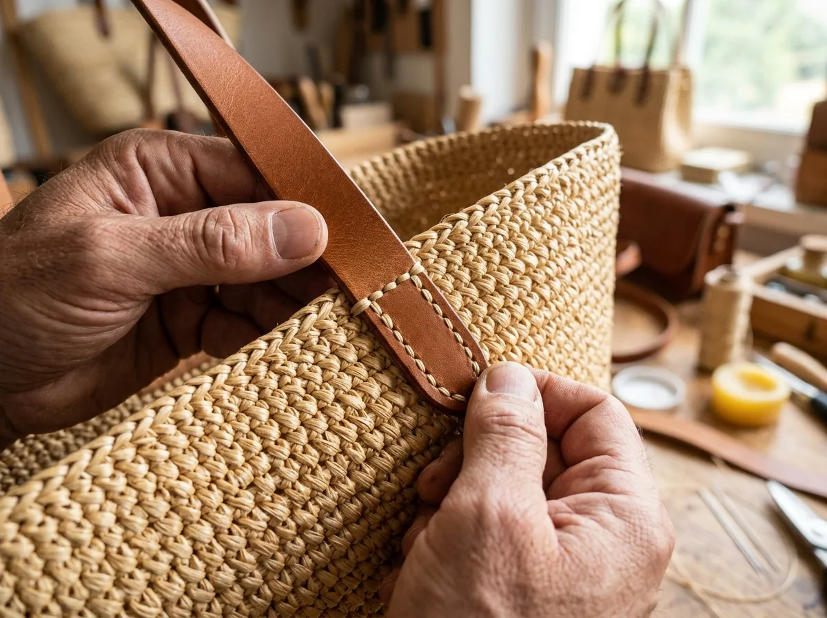 Macro close-up inspection of vegetable-tanned leather handle attachment saddle-stitched into a handwoven raffia bag