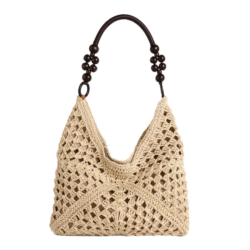NOLVA — Women's Handmade Crochet Hollow Wooden Bead Handle Tote Bag