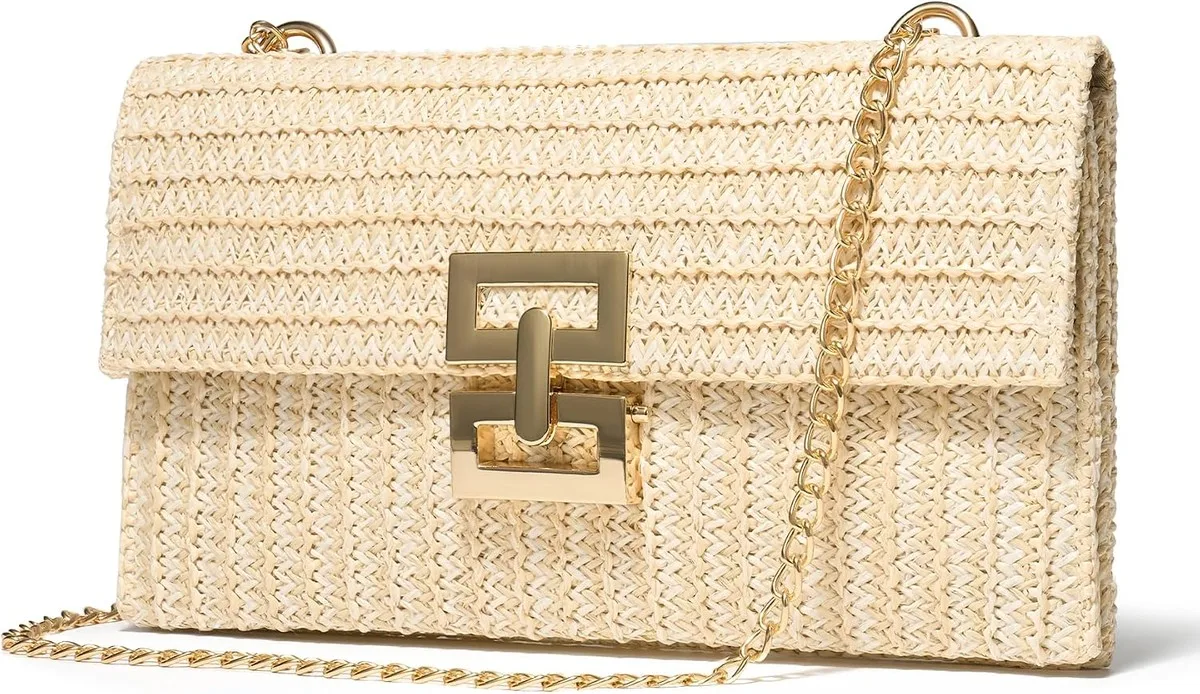 NOLVA — Raffia Flap Clutch with Chain Strap
