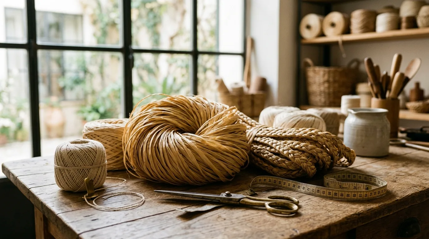 Natural raw fibers comparison - Madagascar raffia, wheat straw coils, and organic cotton-linen yarn on workshop bench