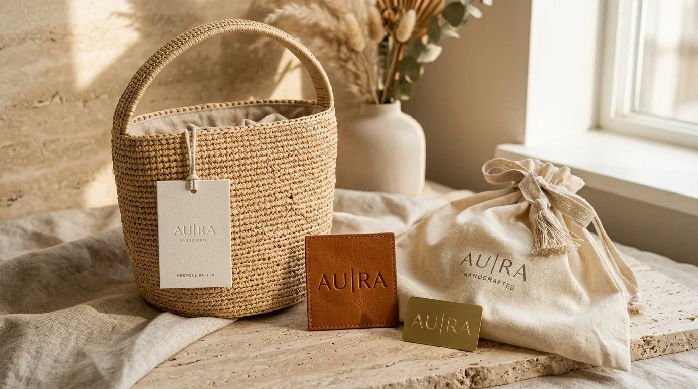 Luxury Private Label Packaging Mockup with Debossed Leather Tag and Gold Metal Badge