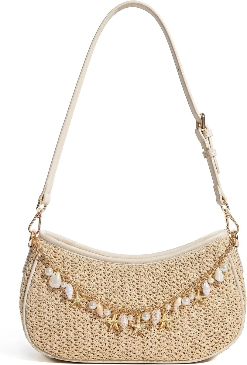NOLVA — Raffia Crossbody Bag with Shell Trim
