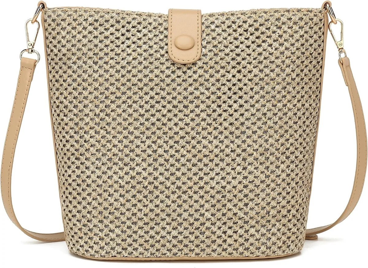 NOLVA — Woven Straw Bucket Crossbody with Leather Tab