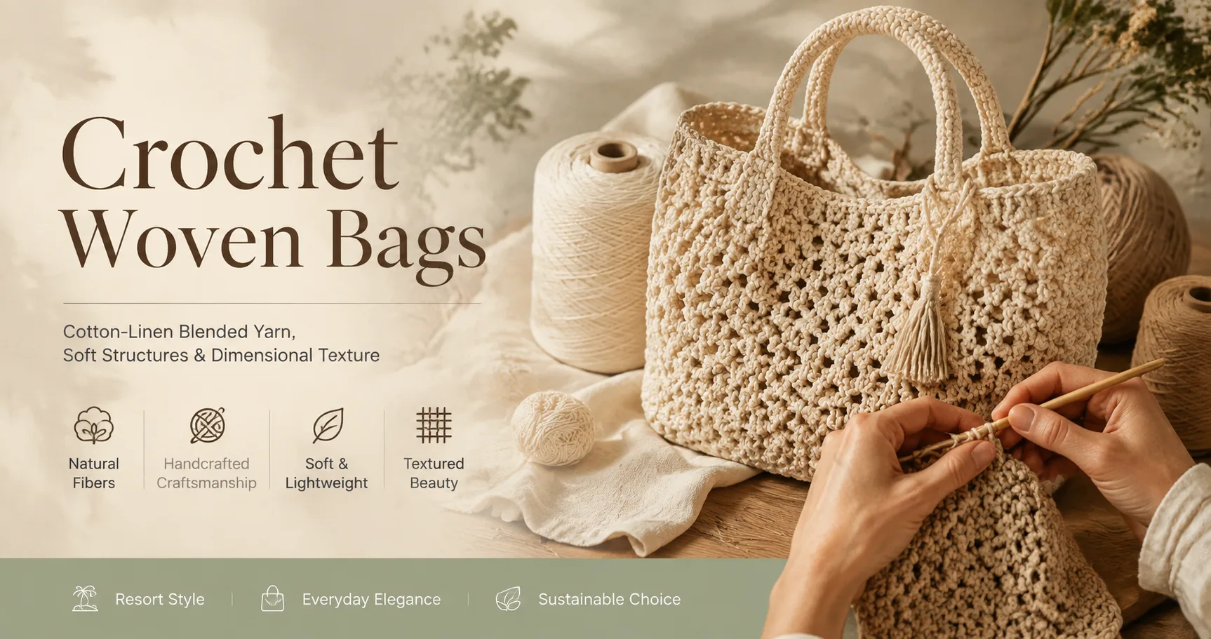 Crochet 钩针系列：棉麻混纺纱线打造的柔软编织包