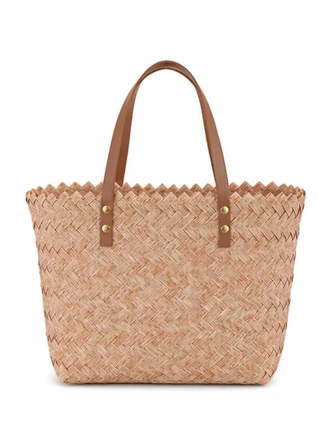 NOLVA — Women's Natural Straw Woven Leather Handle Basket Bag