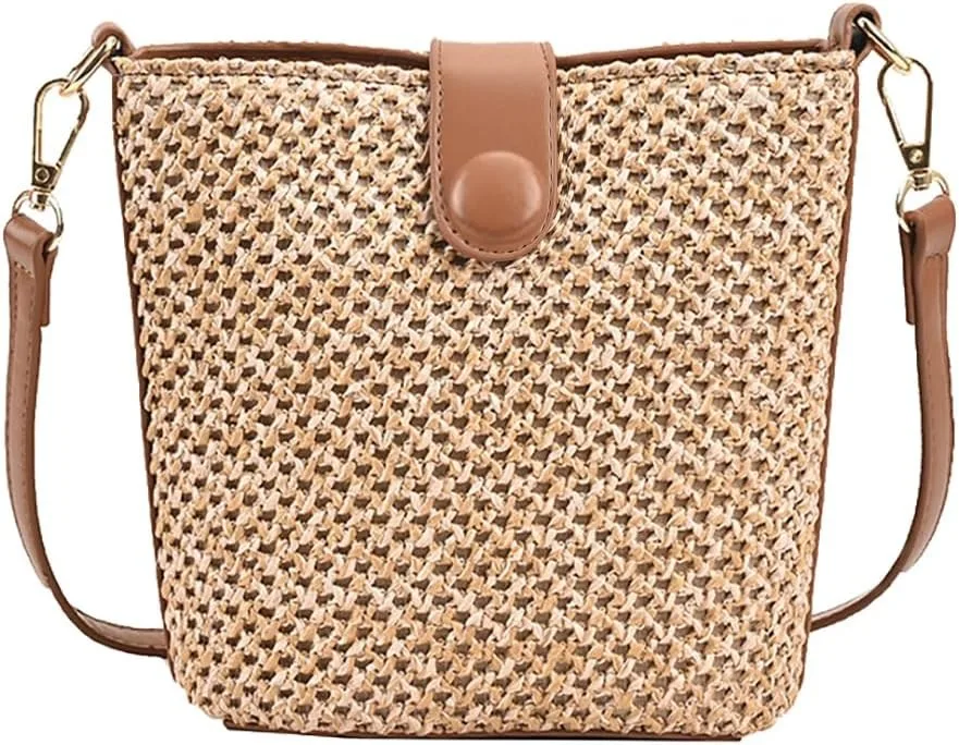NOLVA — Straw Bucket Crossbody with Leather Strap
