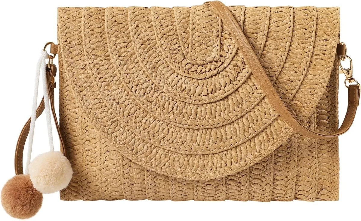 NOLVA — Straw Envelope Crossbody with Pom Pom