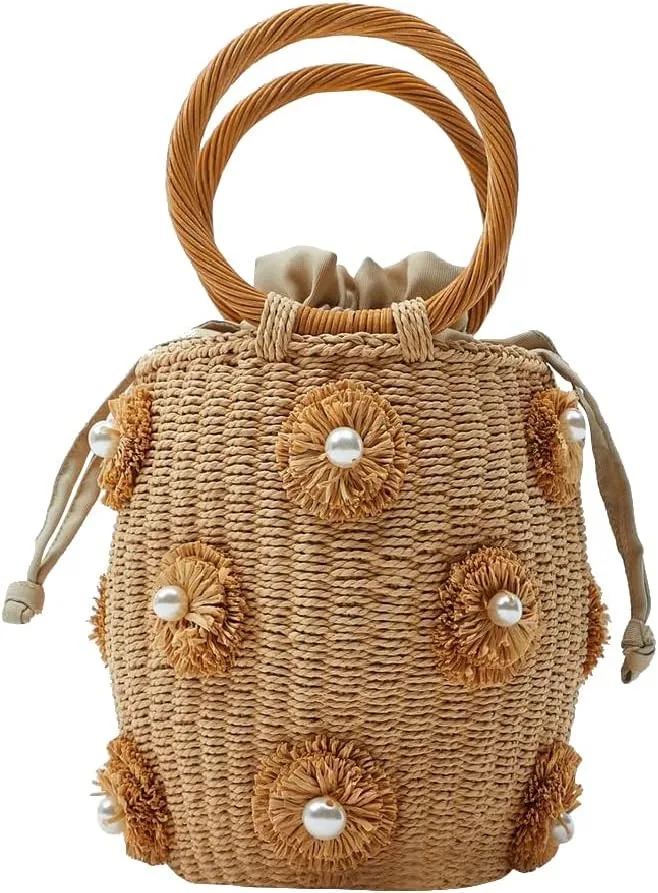 NOLVA — Rattan Bucket Bag with Pearl Flower