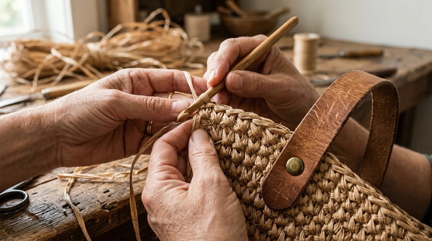 Close-up macro photography of artisan handweaving raffia palm fiber, intricate crochet stitch pattern, genuine tan leather strap with brass rivet detail