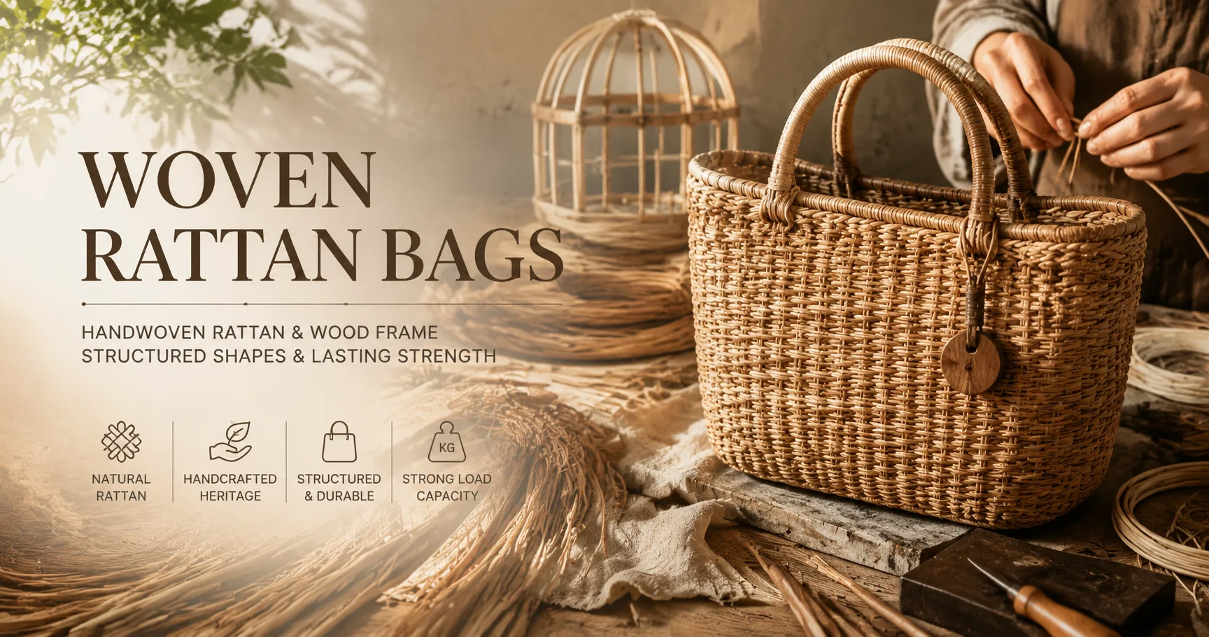Woven 藤编系列：手工藤条与木骨架打造的经典编织包
