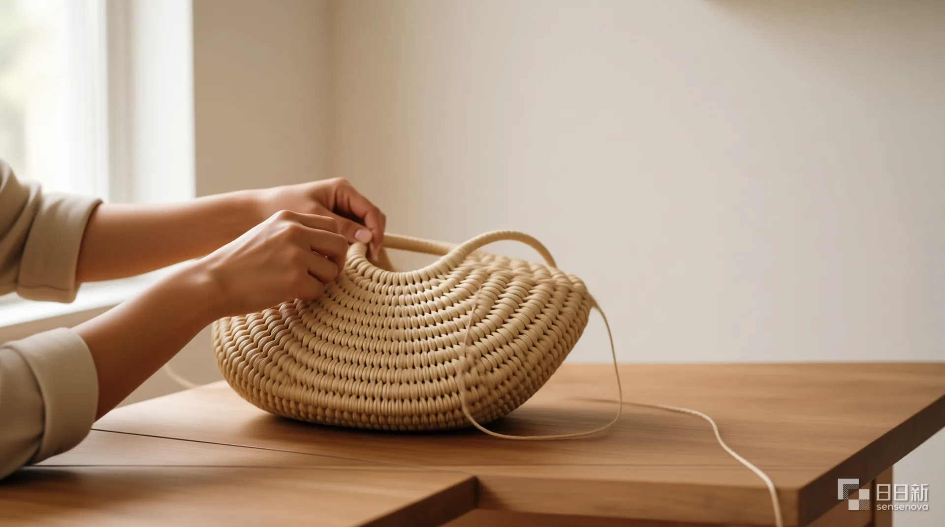 Artisan weaving natural raffia bags, documentary photography in the workshop under natural light