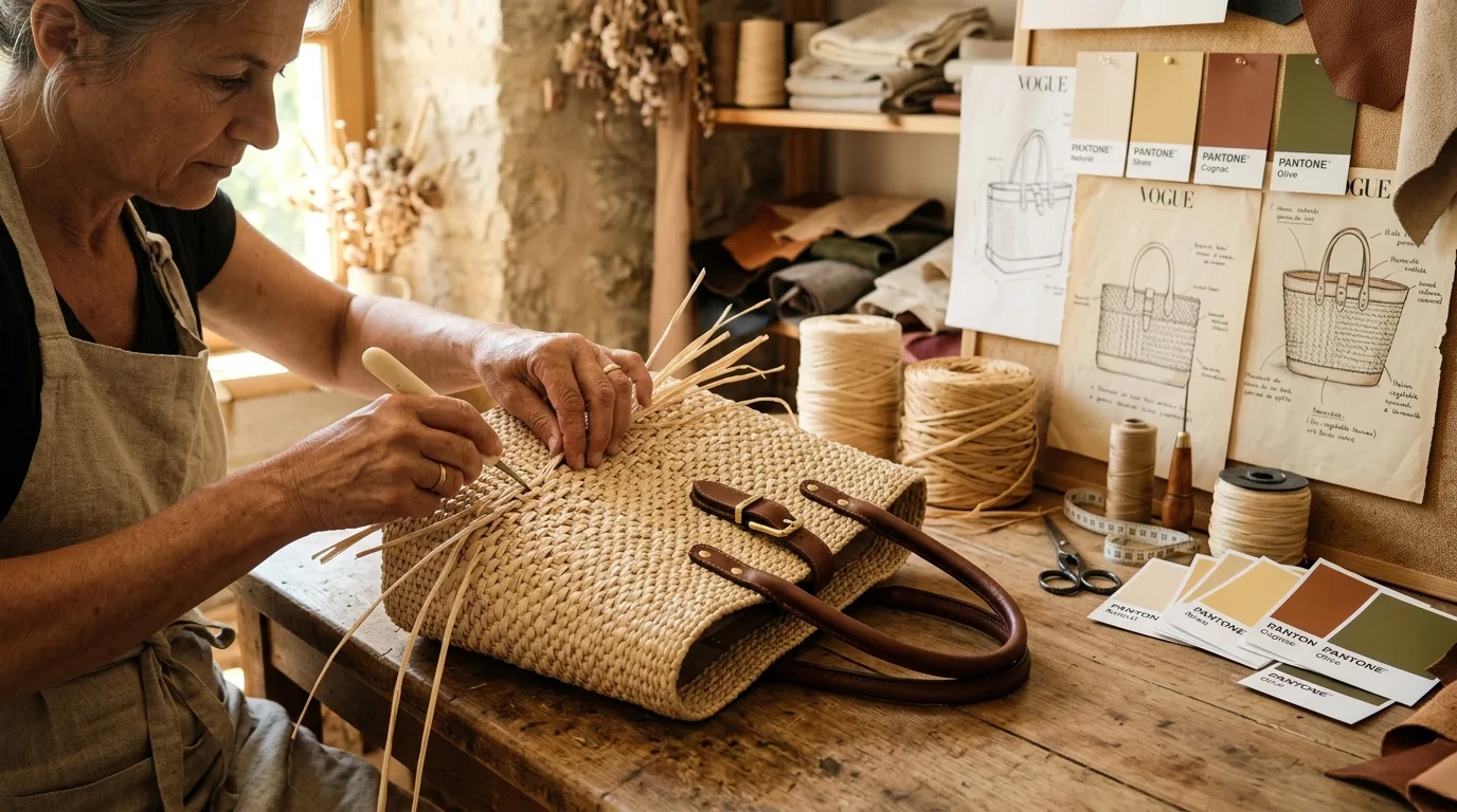 Artisan Craftswoman Weaving Custom Raffia Bag at Atelier Workshop Table